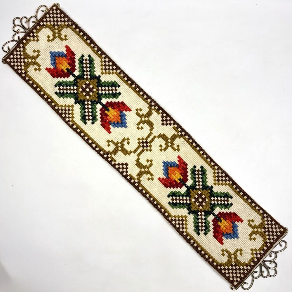 VTG Scandinavian Klokkestreng Bell Pull Needlepoint Folk Art Metal Ends 36”